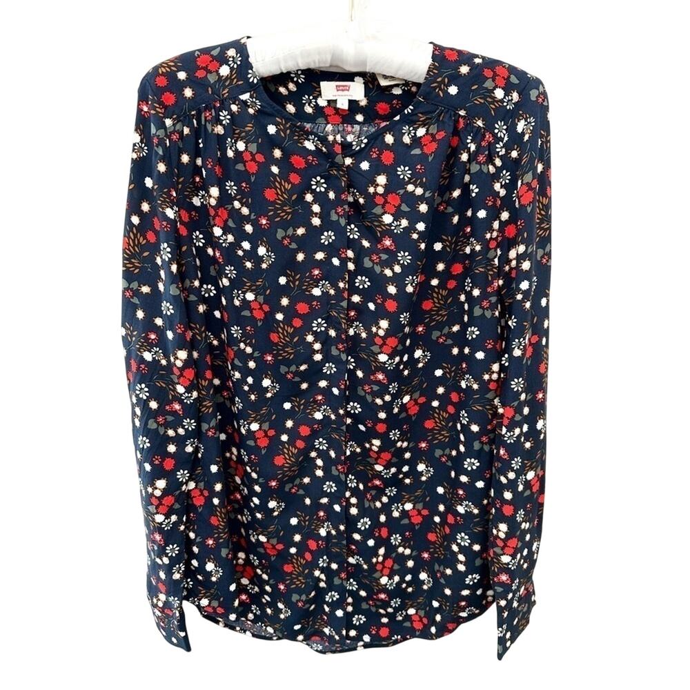 LEVI’S Navy Blue Floral Print Button Front Blouse Top Boho Cottagecore | Small